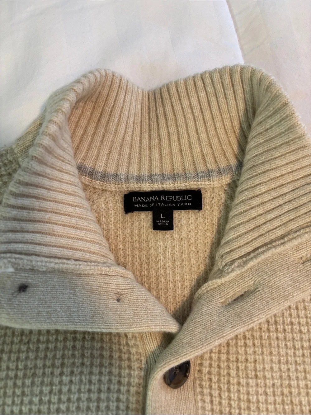 Banana Republic Marino Wool Men's Cream Waffle-Knit Button Mock Neck Sweater